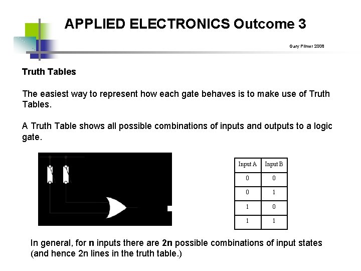 APPLIED ELECTRONICS Outcome 3 Gary Plimer 2008 Truth Tables The easiest way to represent