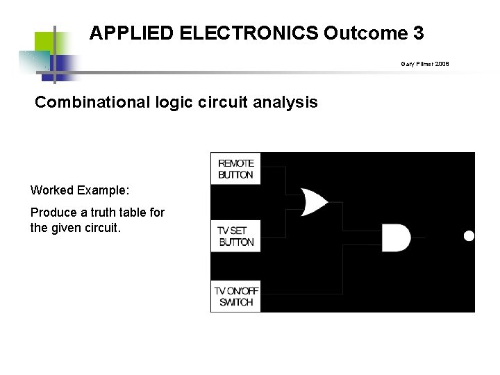 APPLIED ELECTRONICS Outcome 3 Gary Plimer 2008 Combinational logic circuit analysis Worked Example: Produce