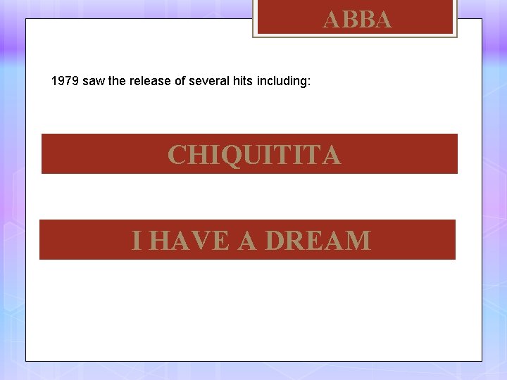 ABBA 1979 saw the release of several hits including: CHIQUITITA I HAVE A DREAM