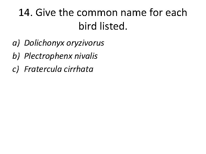 14. Give the common name for each bird listed. a) Dolichonyx oryzivorus b) Plectrophenx
