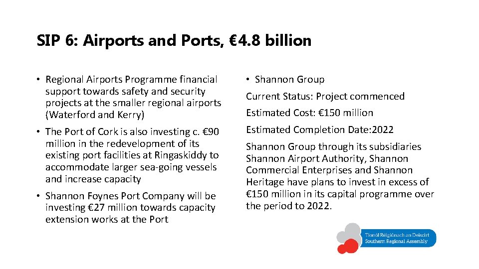 SIP 6: Airports and Ports, € 4. 8 billion • Regional Airports Programme financial