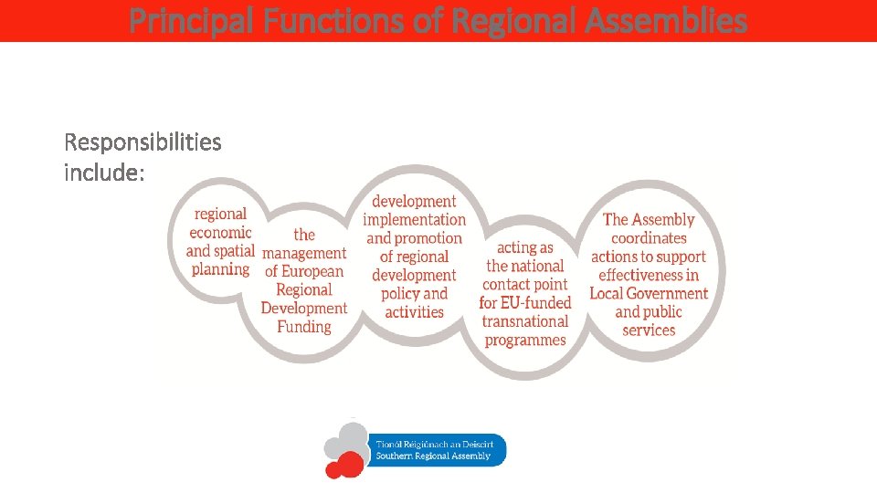 Principal Functions of Regional Assemblies Responsibilities include: 