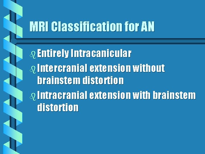 MRI Classification for AN b Entirely Intracanicular b Intercranial extension without brainstem distortion b