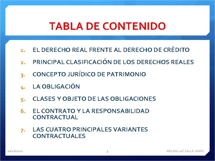 TABLA DE CONTENIDO 1. EL DERECHO REAL FRENTE AL DERECHO DE CRÉDITO 2. PRINCIPAL