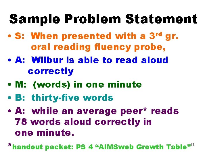 Sample Problem Statement • S: When presented with a 3 rd gr. oral reading