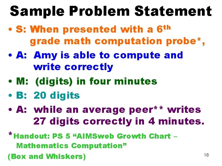 Sample Problem Statement • S: When presented with a 6 th grade math computation