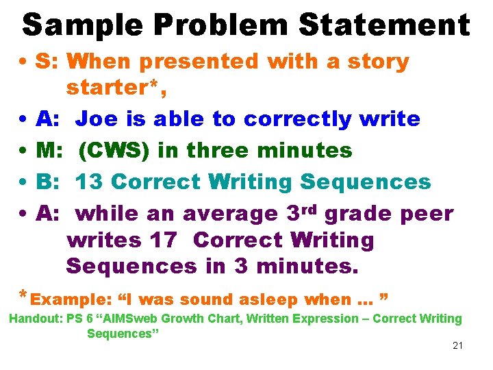 Sample Problem Statement • S: When presented with a story starter*, • A: Joe