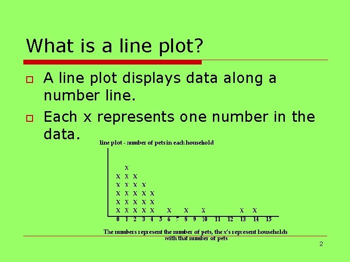 What is a line plot? o o A line plot displays data along a