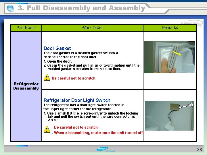 3. Full Disassembly and Assembly Part Name Work Order Remarks Door Gasket The door