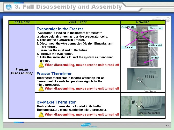 3. Full Disassembly and Assembly Part Name Work Order Evaporator in the Freezer Evaporator