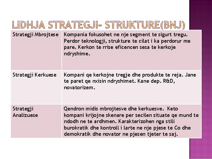 Strategji Mbrojtese Kompania fokusohet ne nje segment te sigurt tregu. Perdor teknologji, strukture te