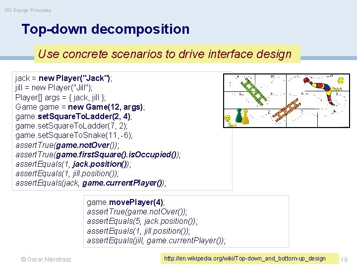 OO Design Principles Top-down decomposition Use concrete scenarios to drive interface design jack =