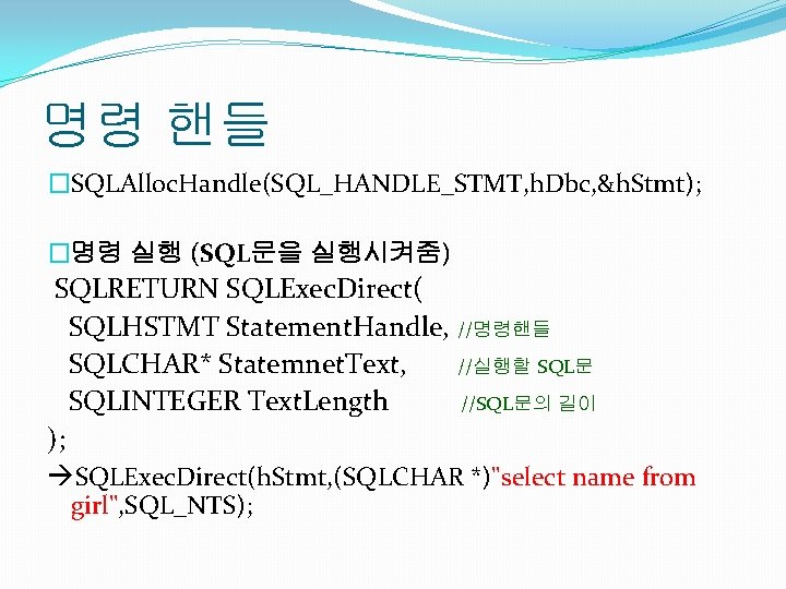 명령 핸들 �SQLAlloc. Handle(SQL_HANDLE_STMT, h. Dbc, &h. Stmt); �명령 실행 (SQL문을 실행시켜줌) SQLRETURN SQLExec.