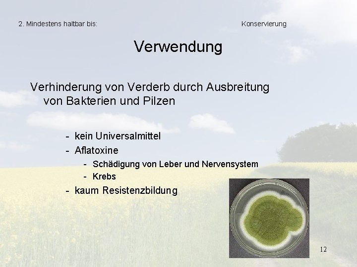2. Mindestens haltbar bis: Konservierung Verwendung Verhinderung von Verderb durch Ausbreitung von Bakterien und