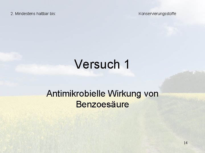 2. Mindestens haltbar bis: Konservierungsstoffe Versuch 1 Antimikrobielle Wirkung von Benzoesäure 14 