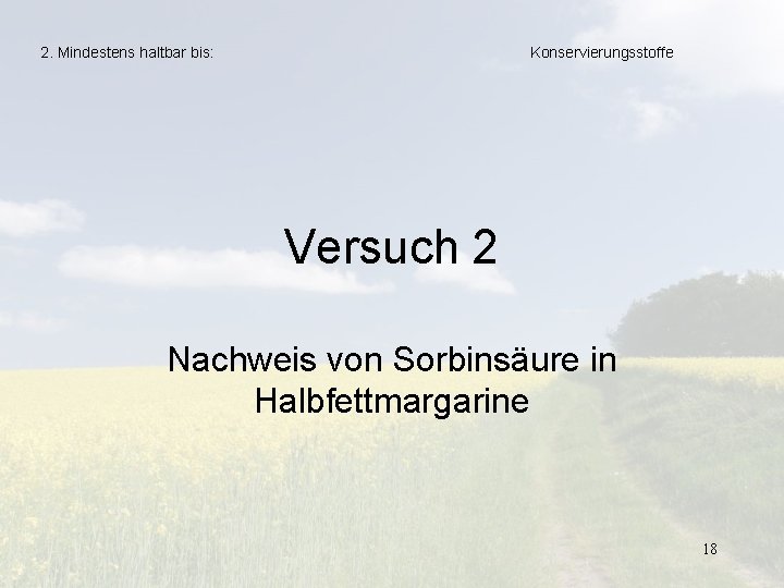 2. Mindestens haltbar bis: Konservierungsstoffe Versuch 2 Nachweis von Sorbinsäure in Halbfettmargarine 18 