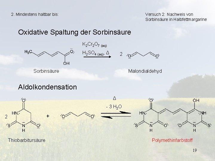 2. Mindestens haltbar bis: Versuch 2: Nachweis von Sorbinsäure in Halbfettmargarine Oxidative Spaltung der