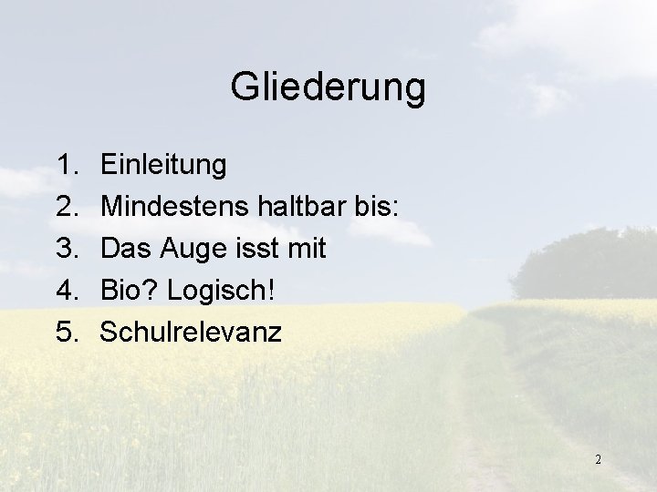 Gliederung 1. 2. 3. 4. 5. Einleitung Mindestens haltbar bis: Das Auge isst mit