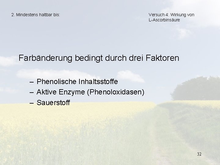 2. Mindestens haltbar bis: Versuch 4: Wirkung von L-Ascorbinsäure Farbänderung bedingt durch drei Faktoren