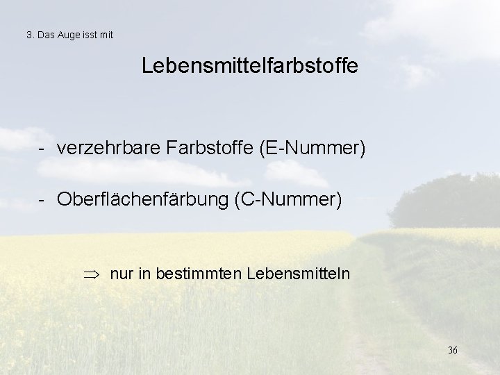 3. Das Auge isst mit Lebensmittelfarbstoffe - verzehrbare Farbstoffe (E-Nummer) - Oberflächenfärbung (C-Nummer) nur