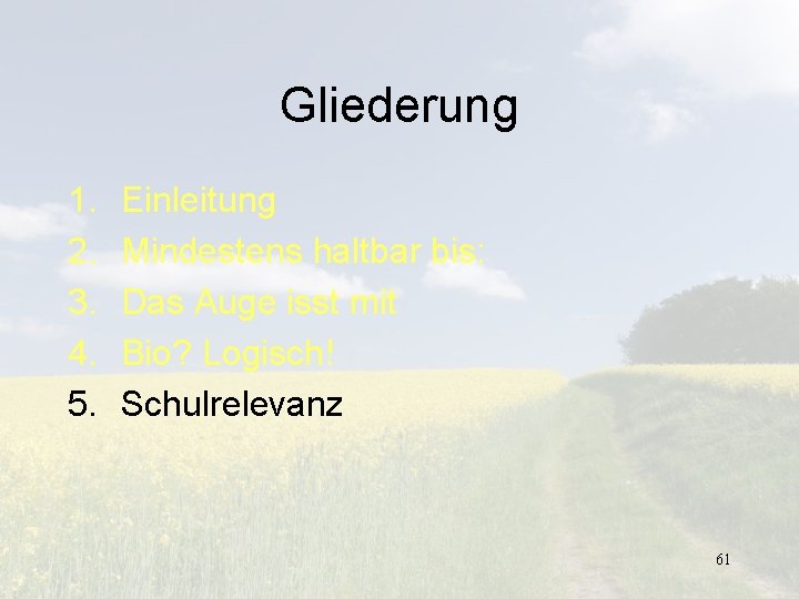 Gliederung 1. 2. 3. 4. 5. Einleitung Mindestens haltbar bis: Das Auge isst mit