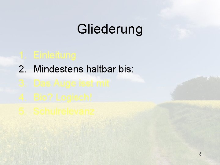 Gliederung 1. 2. 3. 4. 5. Einleitung Mindestens haltbar bis: Das Auge isst mit