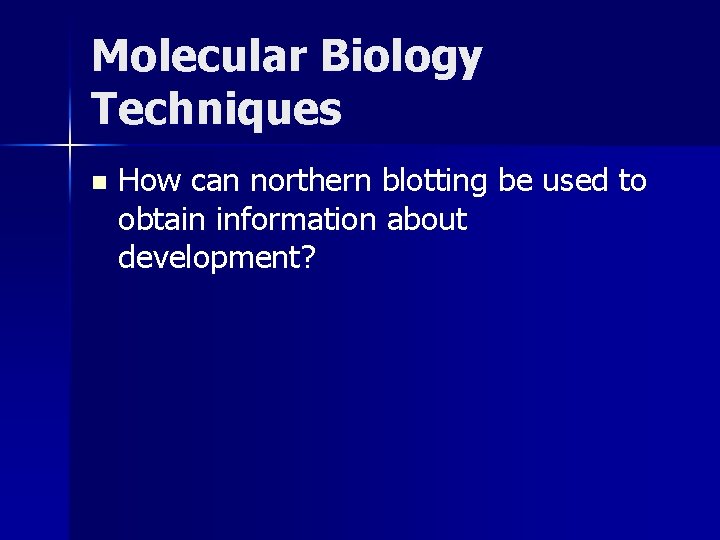 Molecular Biology Techniques n How can northern blotting be used to obtain information about