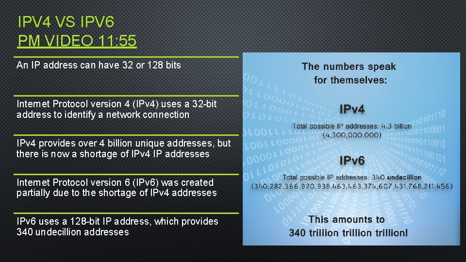 IPV 4 VS IPV 6 PM VIDEO 11: 55 An IP address can have