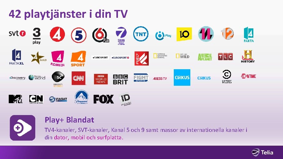 42 playtjänster i din TV Play+ Blandat TV 4 -kanaler, SVT-kanaler, Kanal 5 och