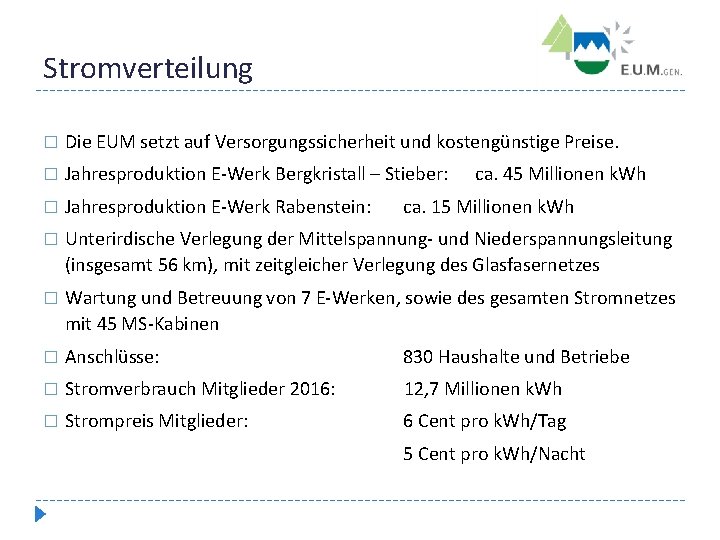 Stromverteilung � Die EUM setzt auf Versorgungssicherheit und kostengünstige Preise. � Jahresproduktion E-Werk Bergkristall