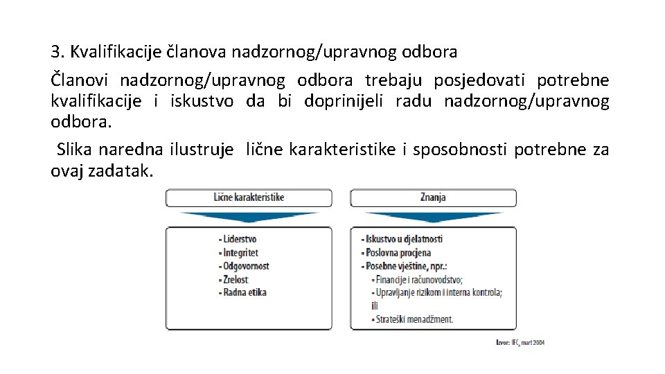 3. Kvalifikacije članova nadzornog/upravnog odbora Članovi nadzornog/upravnog odbora trebaju posjedovati potrebne kvalifikacije i iskustvo