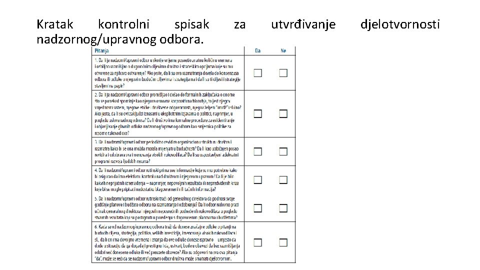 Kratak kontrolni spisak nadzornog/upravnog odbora. za utvrđivanje djelotvornosti 