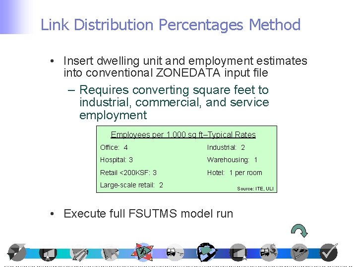 Link Distribution Percentages Method • Insert dwelling unit and employment estimates into conventional ZONEDATA