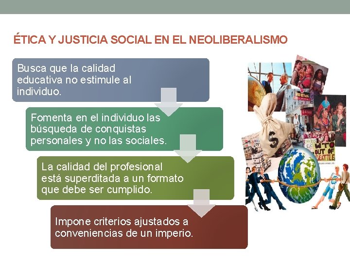 ÉTICA Y JUSTICIA SOCIAL EN EL NEOLIBERALISMO Busca que la calidad educativa no estimule