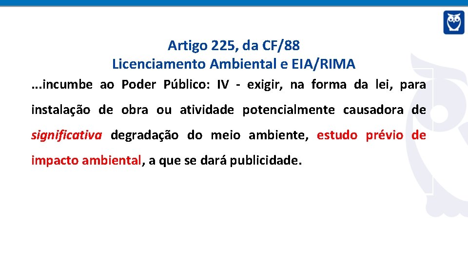 Artigo 225, da CF/88 Licenciamento Ambiental e EIA/RIMA. . . incumbe ao Poder Público: