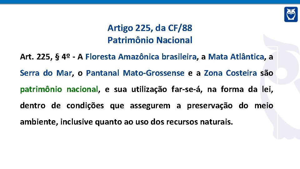 Artigo 225, da CF/88 Patrimônio Nacional Art. 225, § 4º - A Floresta Amazônica