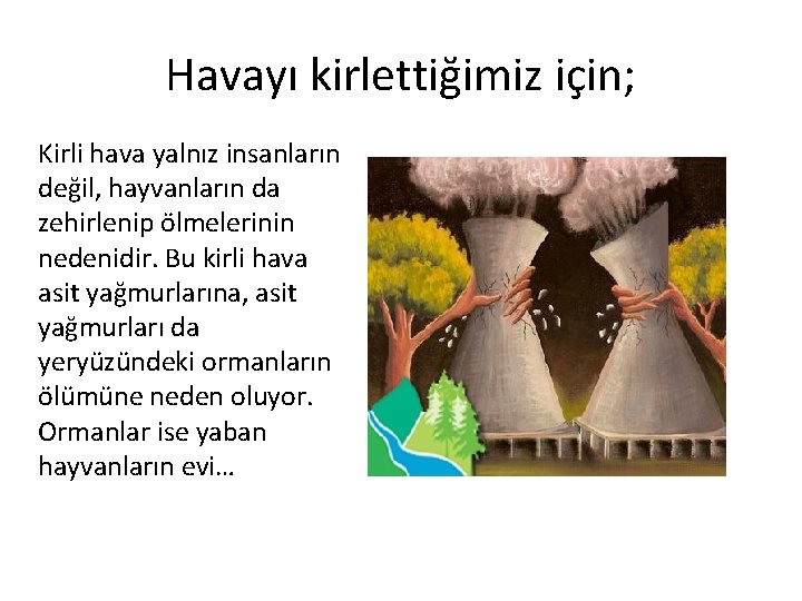 Havayı kirlettiğimiz için; Kirli hava yalnız insanların değil, hayvanların da zehirlenip ölmelerinin nedenidir. Bu