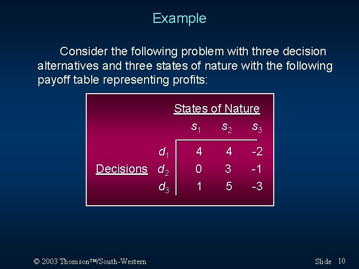 Example Consider the following problem with three decision alternatives and three states of nature Example Consider the following problem with three decision alternatives and three states of nature