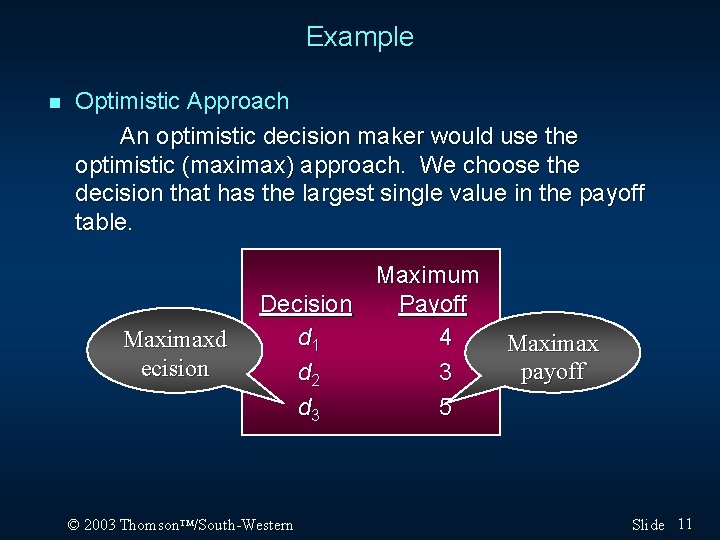 Example n Optimistic Approach An optimistic decision maker would use the optimistic (maximax) approach.