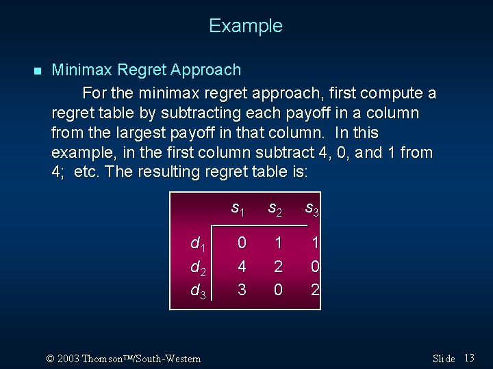Example n Minimax Regret Approach For the minimax regret approach, first compute a regret