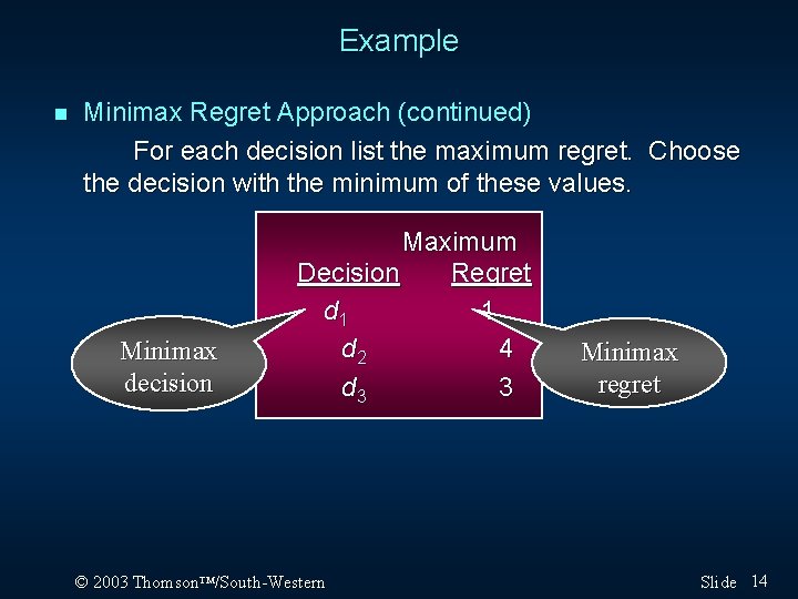 Example n Minimax Regret Approach (continued) For each decision list the maximum regret. Choose