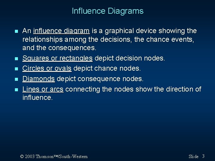 Influence Diagrams n n n An influence diagram is a graphical device showing the