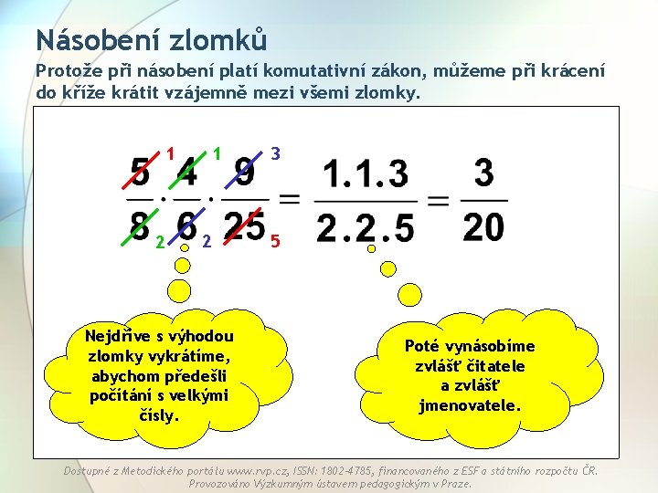 Násobení zlomků Protože při násobení platí komutativní zákon, můžeme při krácení do kříže krátit