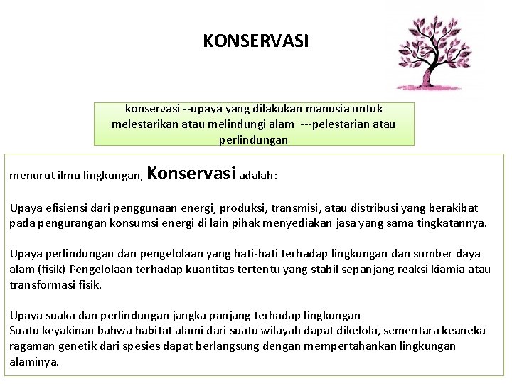 KONSERVASI konservasi --upaya yang dilakukan manusia untuk melestarikan atau melindungi alam ---pelestarian atau perlindungan