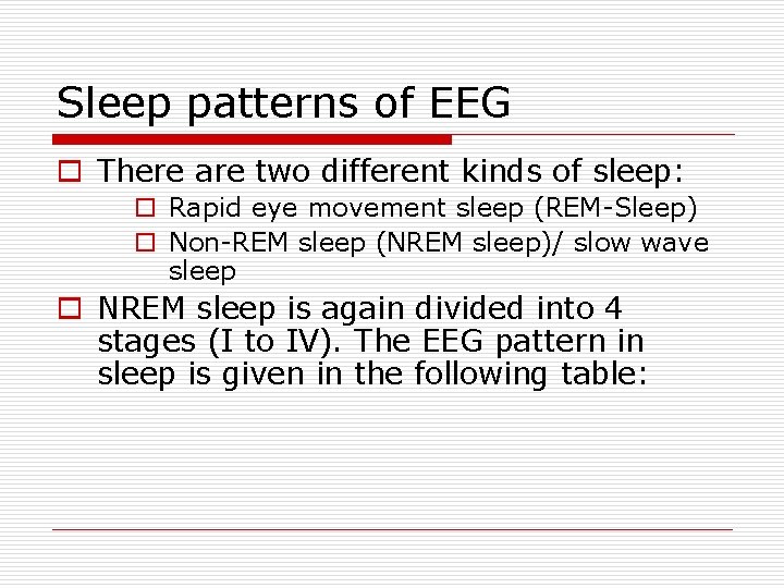 Sleep patterns of EEG o There are two different kinds of sleep: o Rapid