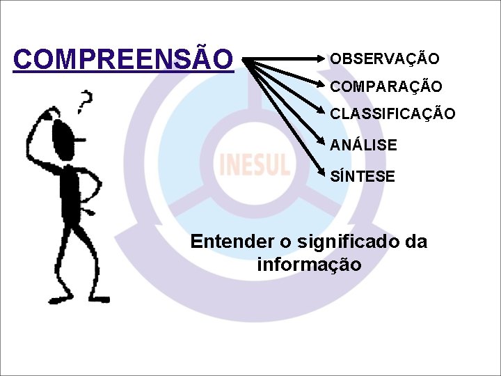 COMPREENSÃO OBSERVAÇÃO COMPARAÇÃO CLASSIFICAÇÃO ANÁLISE SÍNTESE Entender o significado da informação 