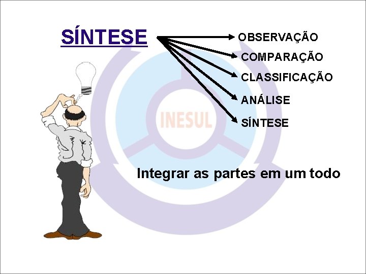 SÍNTESE OBSERVAÇÃO COMPARAÇÃO CLASSIFICAÇÃO ANÁLISE SÍNTESE Integrar as partes em um todo 