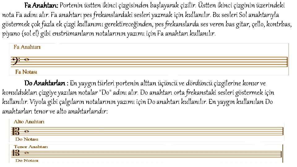 Fa Anahtarı: Portenin üstten ikinci çizgisinden başlayarak çizilir. Üstten ikinci çizginin üzerindeki nota Fa