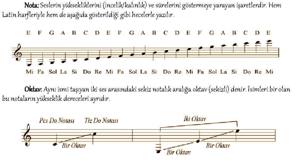Nota: Seslerin yüksekliklerini (incelik/kalınlık) ve sürelerini göstermeye yarayan işaretlerdir. Hem Latin harfleriyle hem de
