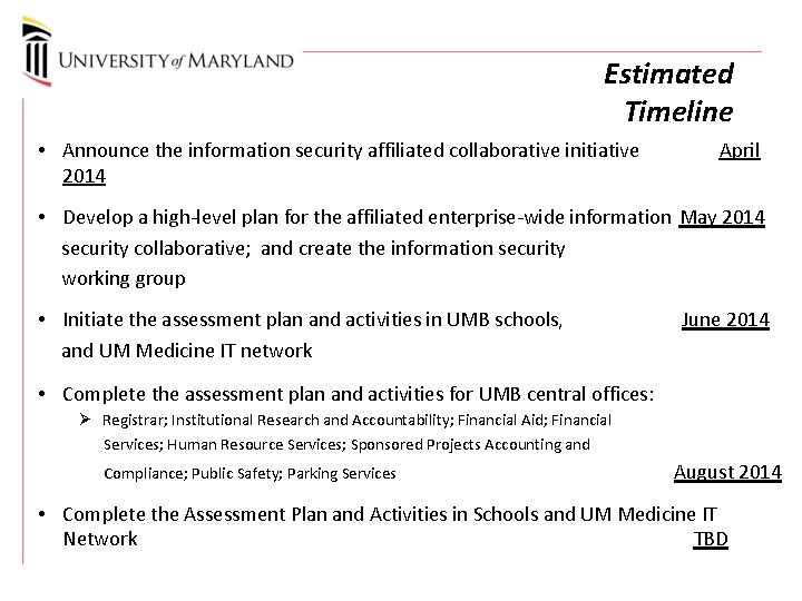 Estimated Timeline • Announce the information security affiliated collaborative initiative 2014 April • Develop